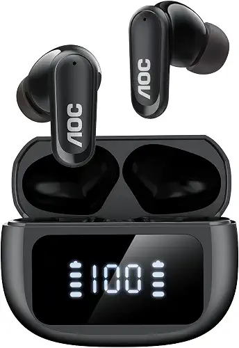 AOC Noise Cancelling Wireless Earbuds, 39dB ANC, 45H, LED Display, Black