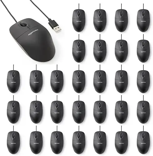 Amazon Basics 3-Button USB Wired Computer Mouse, Black, 30-Pack