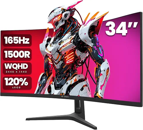 CRUA 34" WQHD 165Hz Ultrawide Curved Gaming Monitor, 1500R, FreeSync, Black 3440x1440